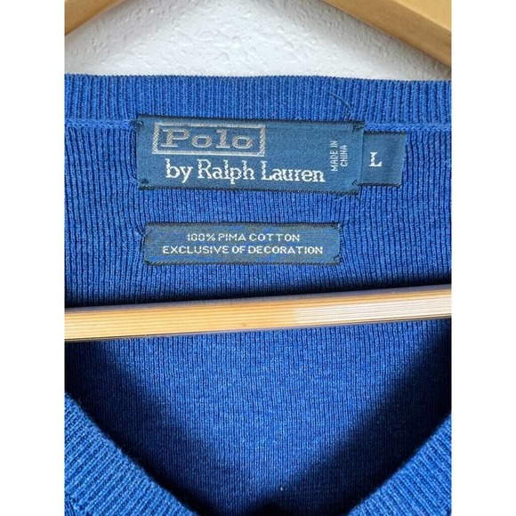 Polo Ralph Lauren Mens Large Blue Pima Cotton V-Neck Long Sleeve Sweater - Picture 3 of 6